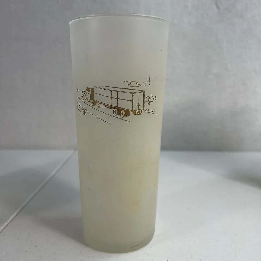 Vintage Rare Lot 6 Glass Frosted White Gold Etching Semi Trailer Crane Big Rig‎